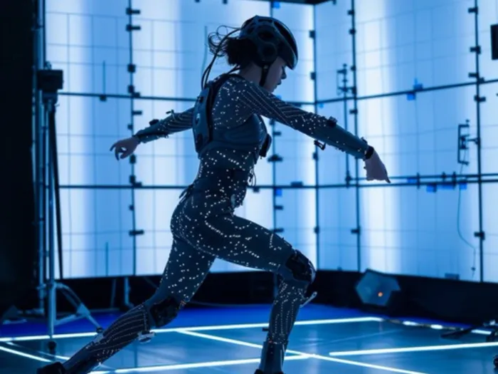 Performer in motion capture suit in high-tech studio